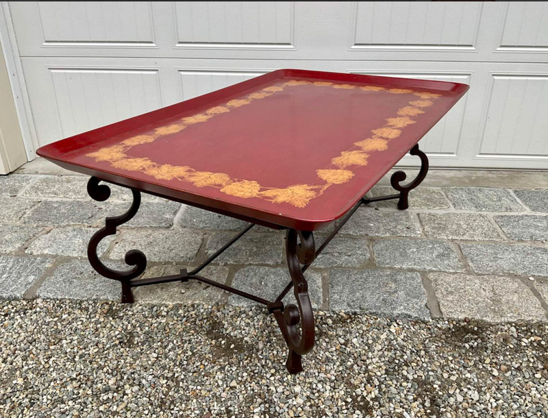 Hand Painted Red Tole Tray Top and Iron Base Coffee Table gallery