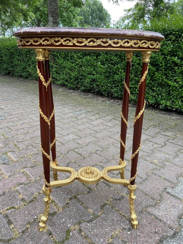 Table – Vintage French Louis XVI Mahogany Side Table with Marble & Ormolu Trim