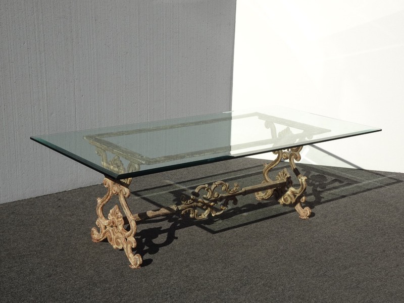 Large Vintage Spanish Style Rustic Cast Iron Bevel Glass Cocktail Coffee Table gallery