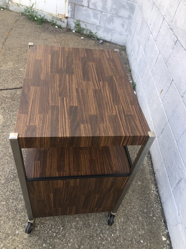 MCM Gusdorf Industrial Side/End Table Wood Laminate and Chrome 1970’s gallery