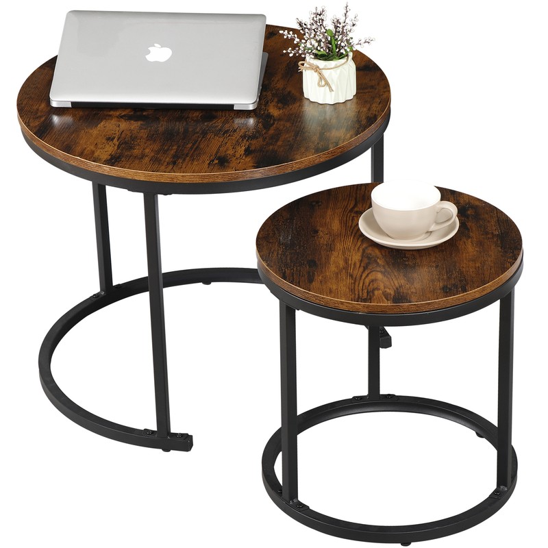 Nesting Coffee Table Set of 2 End Tables with Wooden Tabletop Sturdy Metal Frame