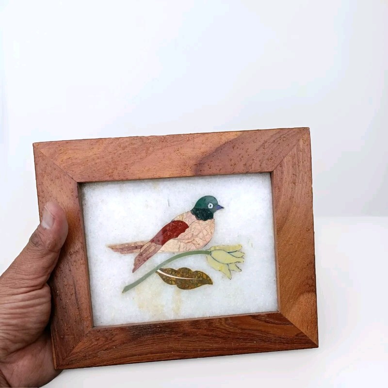 Handmade Colorful Bird Inlayed on Marble Pietra Dura Plaque Micro Mosaic #24 gallery