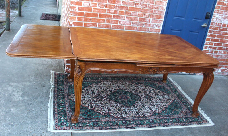 French Antique Louis XV Oak Dining Table | Carved Floral Apron & Parquet Top gallery