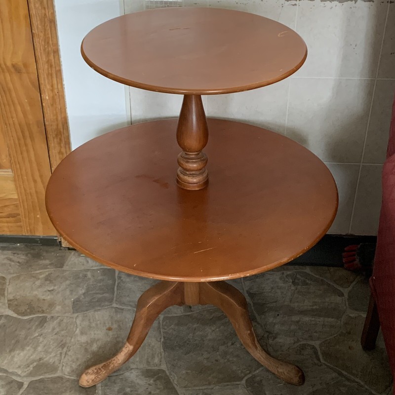 VTG 1950s MCM Hand Carved Solid Walnut Wood 2 Tier Circle Side / End Table 25″D