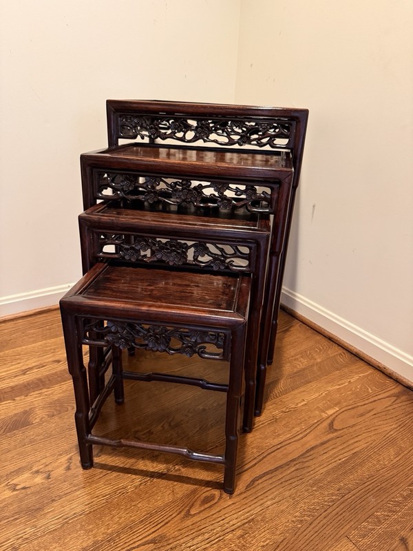 Vintage Chinese Rosewood Nesting Tables Set of 4 Hand Carved Quartetto