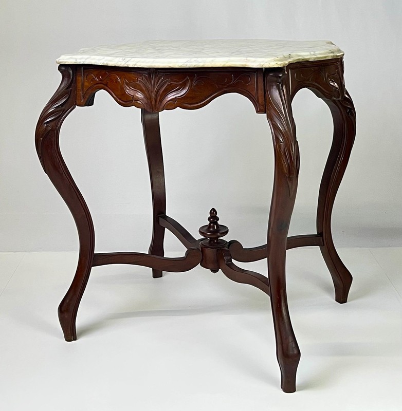 Victorian Rococo Revival Carved Walnut & Marble Parlor Table