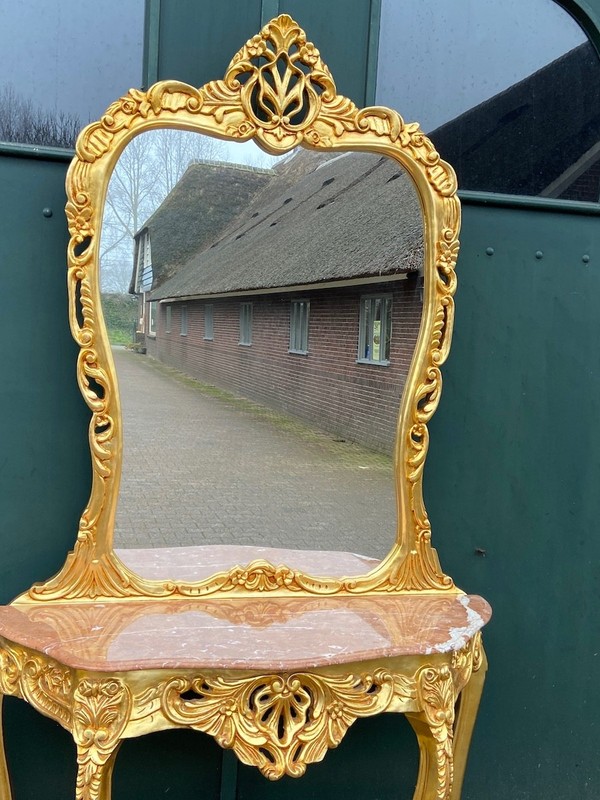 Console with Mirror Set Louis XVI Style Gold Leaf Pink Marble Vintage gallery