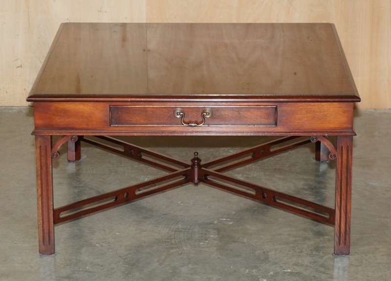 PAIR OF FLAMED MAHOGANY THOMAS CHIPPENDALE STYLE HUGE SIDE END OR COFFEE TABLES gallery