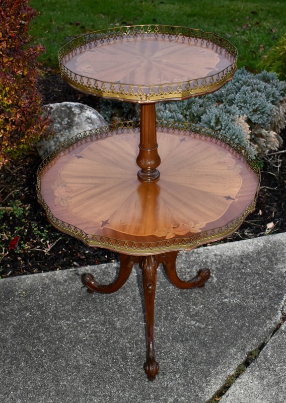 Vintage Two Tier Carved & Inlaid French Style Table w/Brass Gallery gallery
