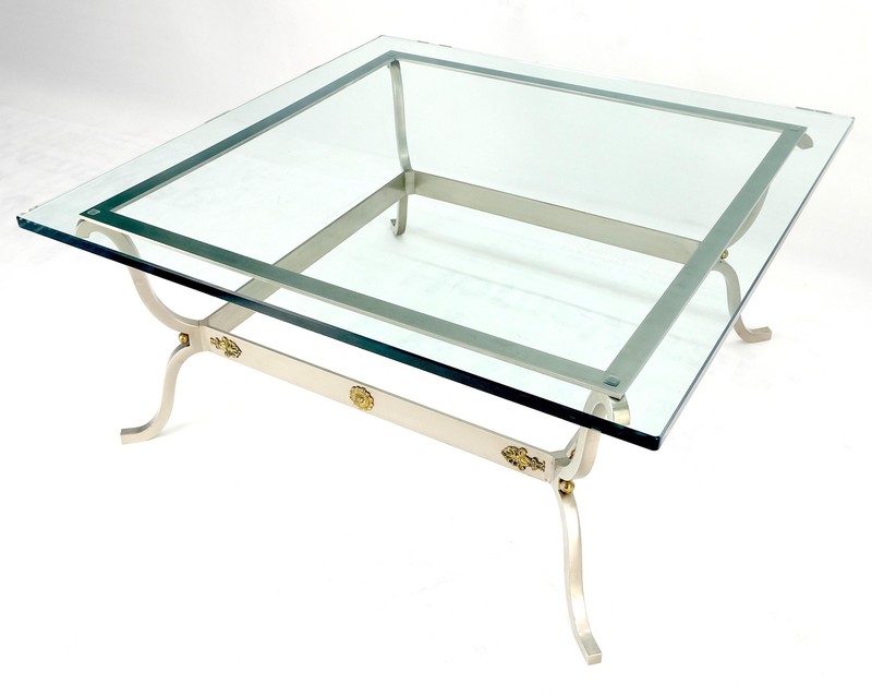 Jansen Atr. Brushed Steel Brass Mounts Rosettes Square 3/4" Glass Coffee Table gallery