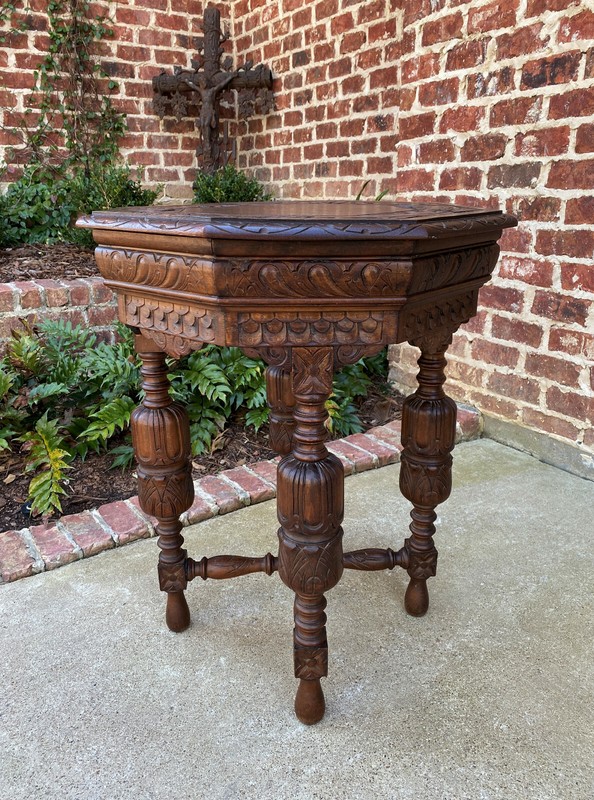 Antique French Octagonal Table Renaissance Revival Carved Oak 19th C gallery