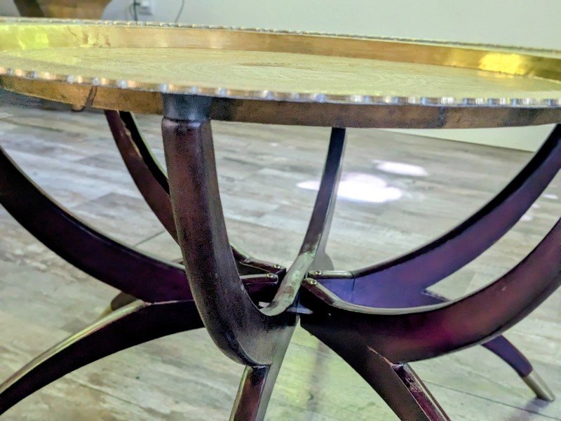 MCM Hollywood Regency Vintage Spider Leg Moroccan Brass Tray Coffee Table 30" gallery