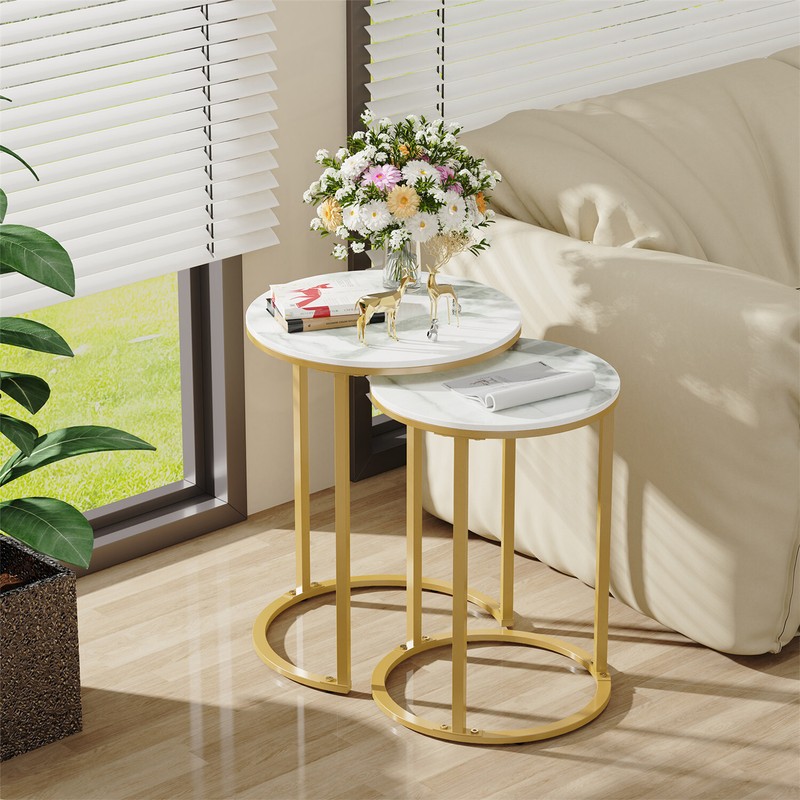 Sintered Stone Round Nesting End Table Set of 2 Sofa Side Table with Metal Frame gallery