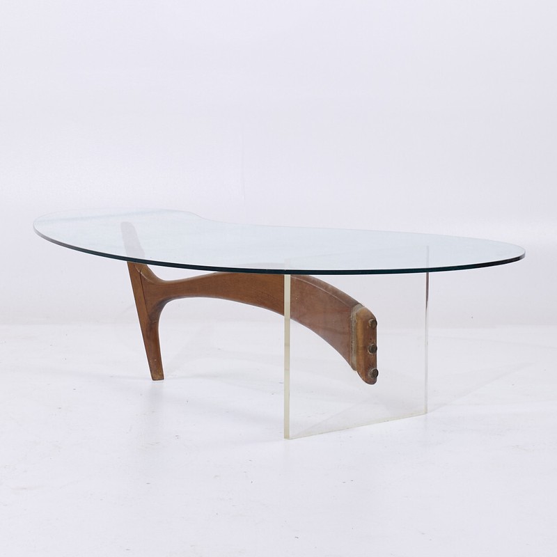 Vladimir Kagan Style Mid Century Walnut and Lucite Kidney Shaped Coffee Table gallery