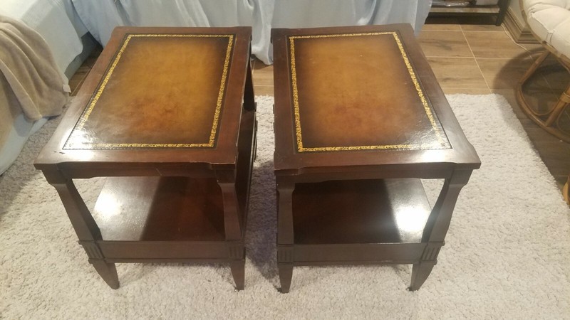VINTAGE PAIR OF LEATHER INLAID 2 TIER NIGHT STANDS/ END TABLES ON WHEELS + BONUS gallery