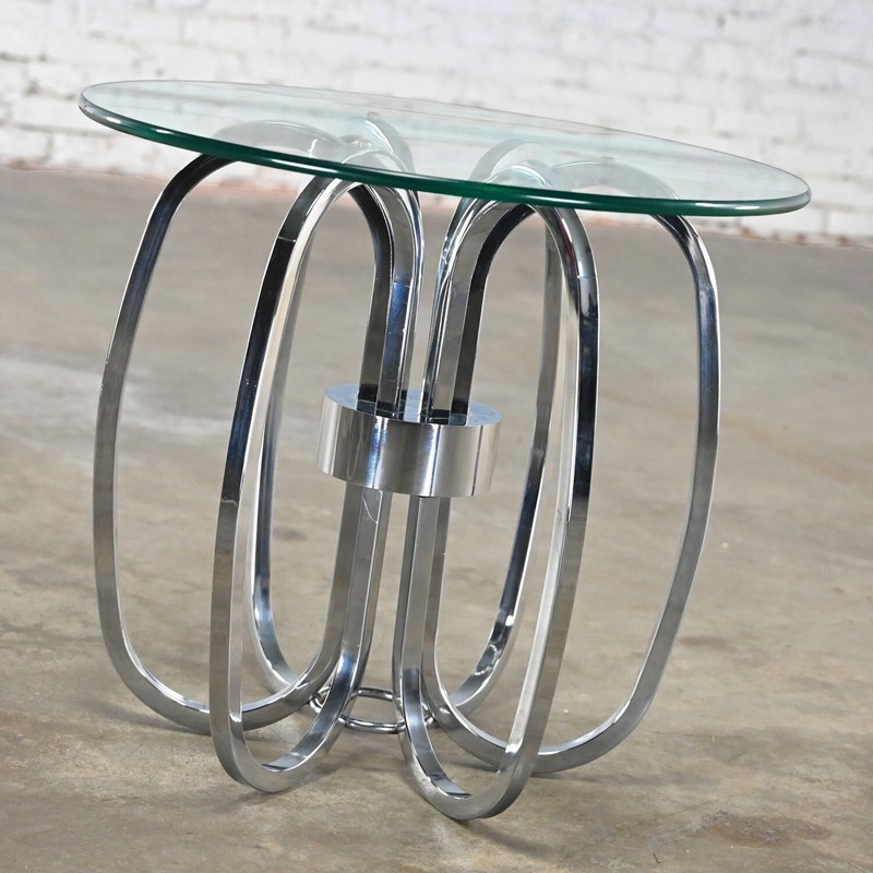 MCM to Modern End or Side Table Barrel Shaped Chrome Base & Round Glass Top gallery