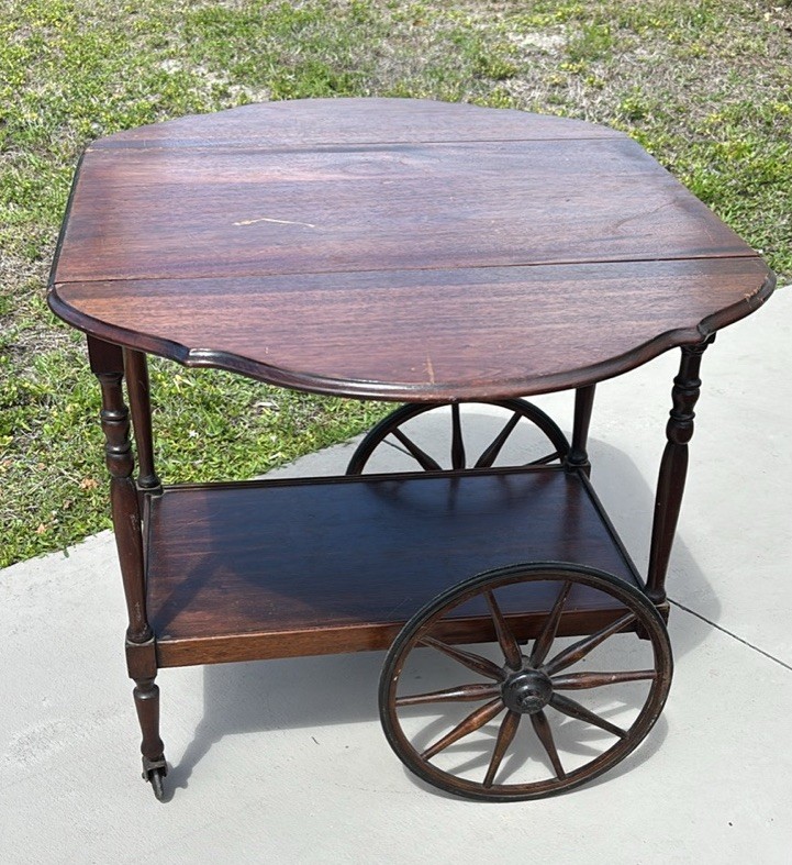 1920’s Antique Mohogny Drop Leaf Tea Cart 360 Turing