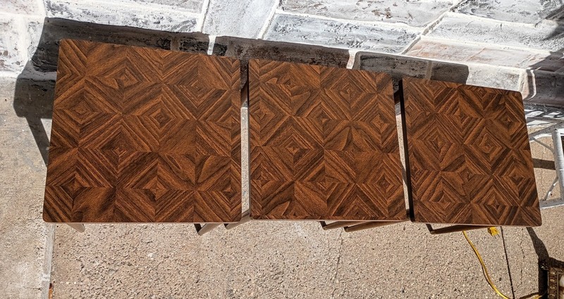 3 Vintage Mid Century Inlaid Look Woodgrain Laminate Stacking Nesting End Tables gallery