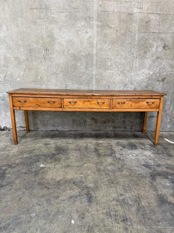 19th C French Draper’s Table Fruitwood Pine 4 Drawer Primitive 90” gallery