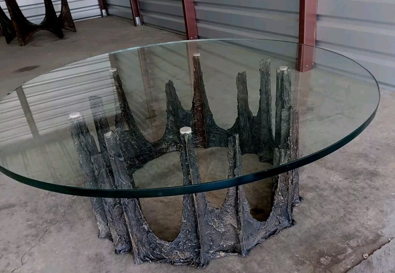 MCM BRUTALIST PAUL EVANS ABSTRACT BRONZE SCULPTURE BASE 42″GLASSTOP COFFEETABLE