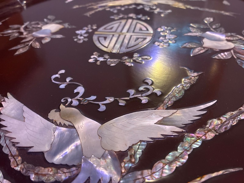1950s Antique Korean Folding Table. Deep Red Lacquering and Mother of Pearl inl gallery