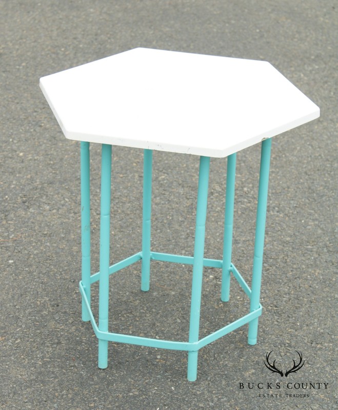 Mid Century Modern Teal Painted Base Hexagon Top Patio Side Table gallery
