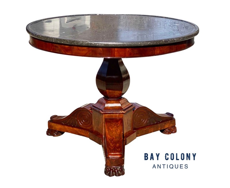 19TH C ANTIQUE MAHOGANY ROUND EMPIRE PARLOR TABLE WITH ONYX DISH TOP gallery