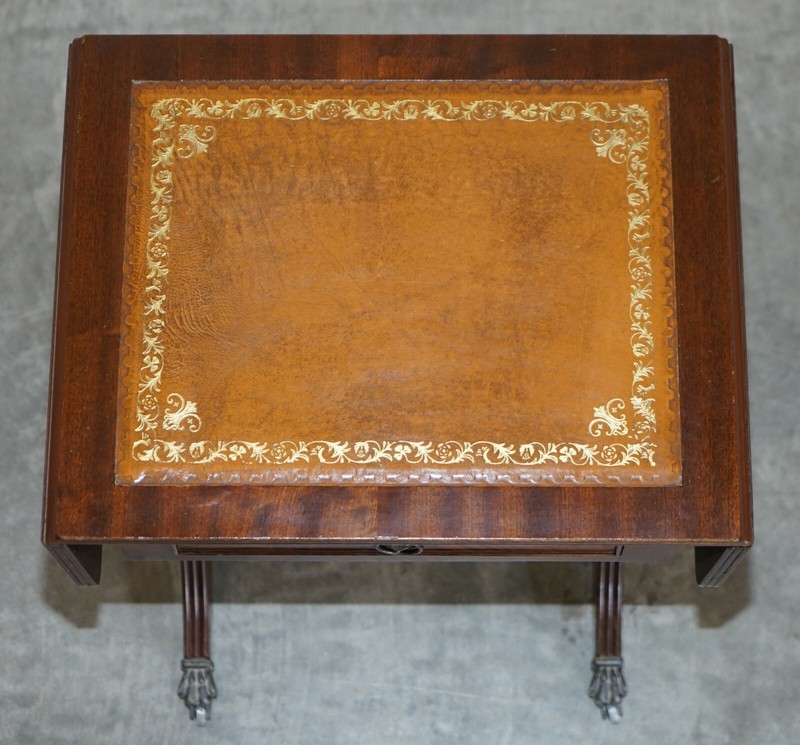 VINTAGE BROWN LEATHER GOLD LEAF SIDE END TABLE EXTENDING TOP GREAT GAMES TABLE gallery