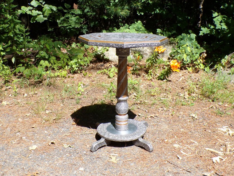 Vintage Moroccan Middle Eastern Style Metal Clad Wood Octagon Table Plant Stand gallery