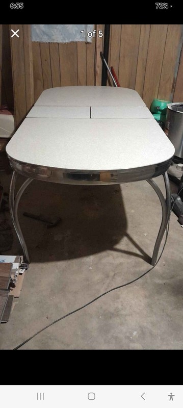White Formica & Chrome Trim/Legs Vintage Kitchen Table w/ extra leaf built in gallery