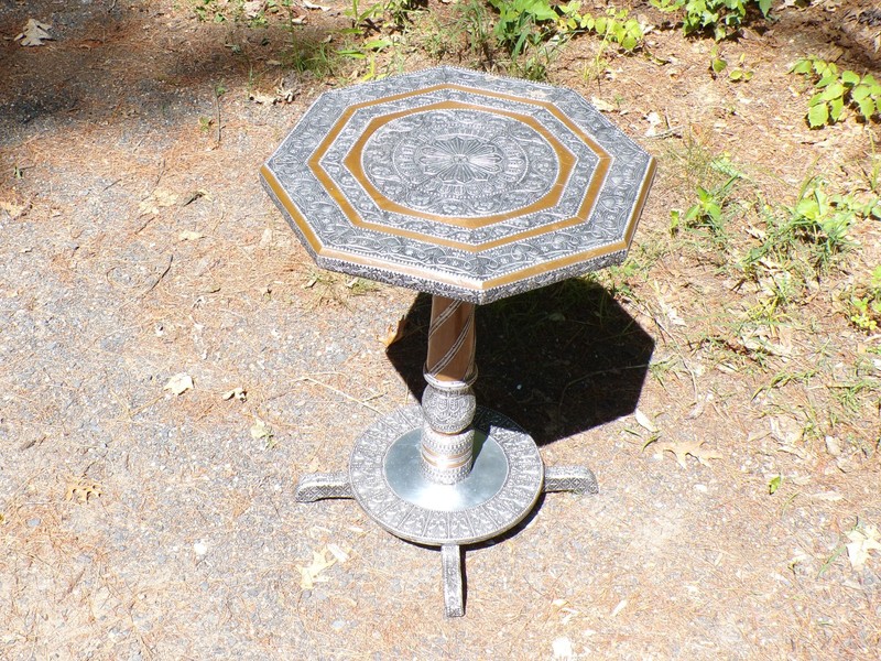 Vintage Moroccan Middle Eastern Style Metal Clad Wood Octagon Table Plant Stand gallery