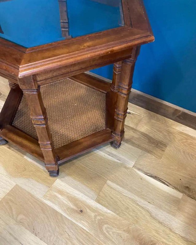 Midcentury Glass Topped Side Table with Cane Shelf gallery