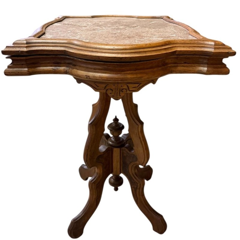 Victorian Walnut Turtle Top Lamp Table – Rose Marble with Burl Accents #22534 gallery