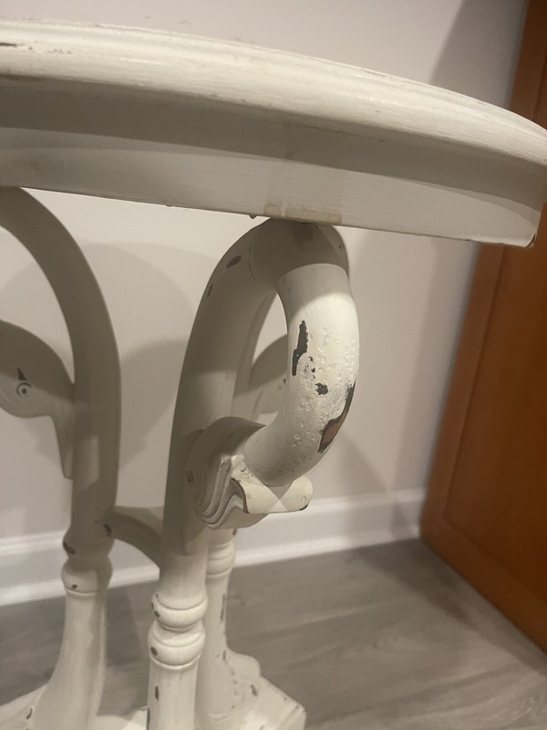 Vintage Table White Paint Over Dark Wood Carved Swan Table 20” Top 27” Floor Top