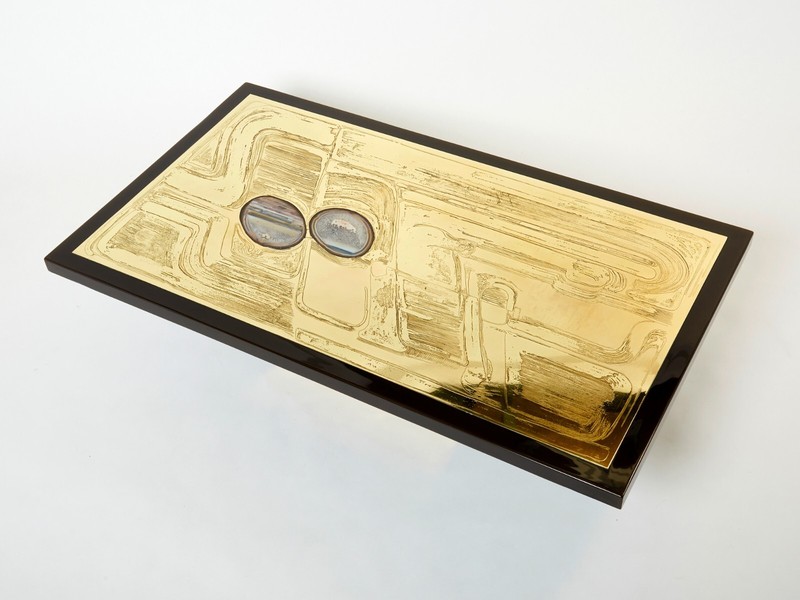 Christian Krekels signed Belgian Etched brass Agate Coffee Table 1979 gallery