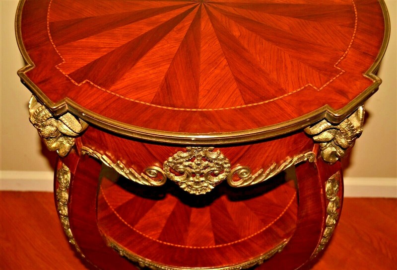 Antique Original Vintage Gilded Bronze Inlaid Mahogany Triple Tier Accent Table gallery