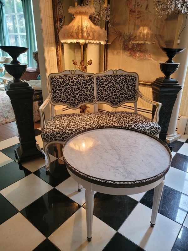 VTG Painted Danby MARBLE TOP Accent Table French LOUIS XVl Style w/Brass Gallery gallery
