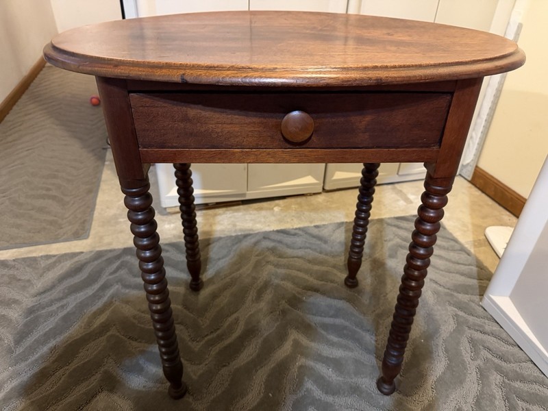 Antique Oval Wood Side Table with Drawer and Carved Turned Legs