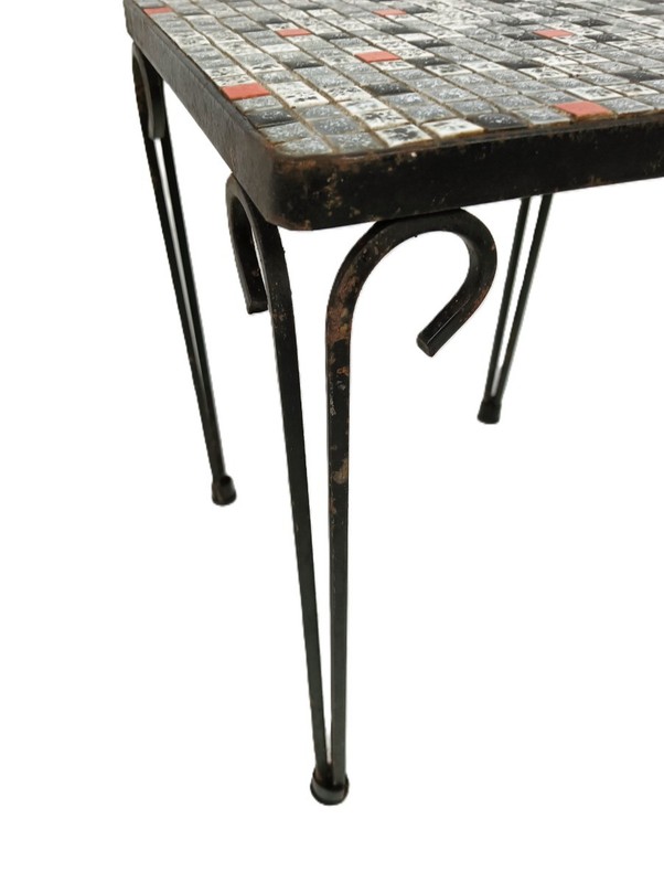 Small Side Table Plant stand Mosaic tiles Checkered pattern Wrought Iron vintage gallery