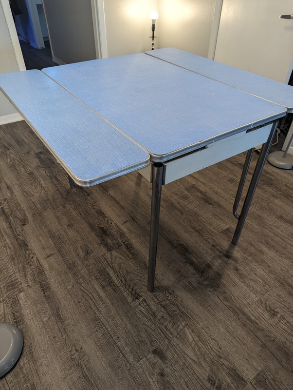 Vintage Blue Formica Table Pull Out Leaves And Chrome Edges And Utensil Drawer gallery