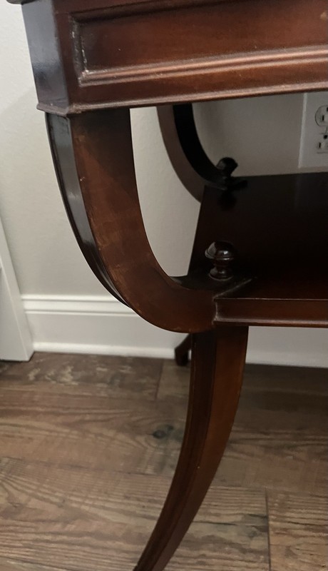 Vintage Mid Century Mahogany Side Table Leather Top Inlay Pull Out Tray Original gallery