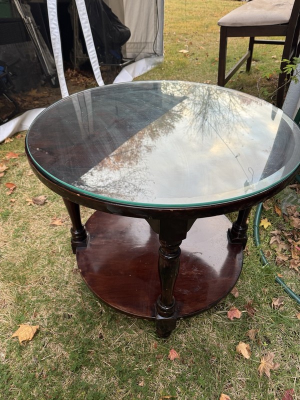 Vintage Solid Cherry Round Coffee Table by Marge – Glass Top – 28 ”