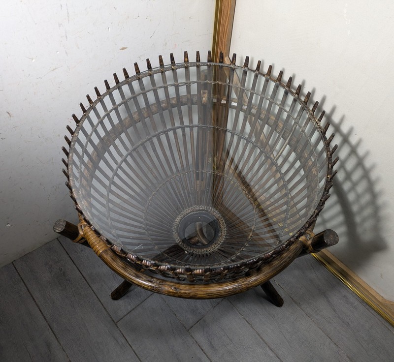 Vintage Mid Century Modern Franco Albini Style Fish Trap Bamboo Rattan Table A gallery