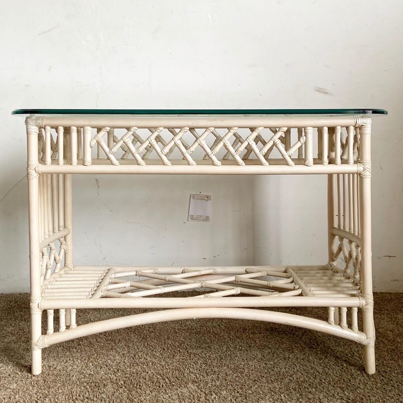 Boho Chic Bamboo Rattan Glass Top Console Tables by Ficks Reed gallery