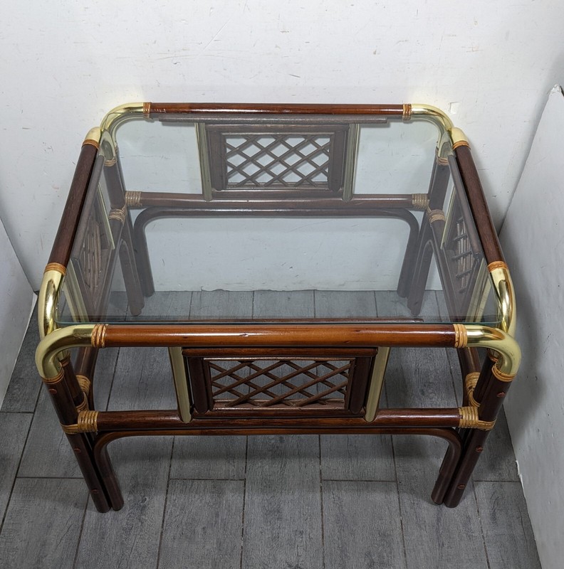 Vintage MCM Boho Hollywood Regency Bent Bamboo Asian End Table with Glass Top A gallery