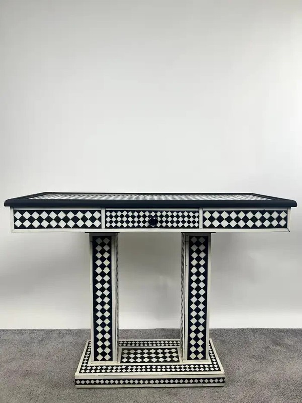 Art Deco Style Black & White Resin Console Table in Diamond Pattern gallery