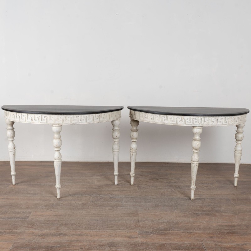 Pair, 19th Century Swedish Gustavian White Demi Lune Console Tables gallery