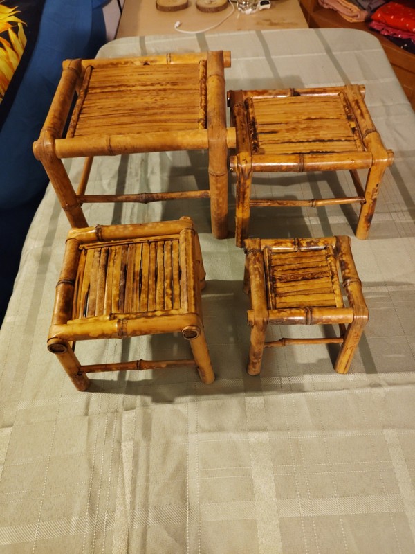 1980s Low Chinoiserie Hand-Crafted Rattan Burnt Bamboo Plant Stands set of 4