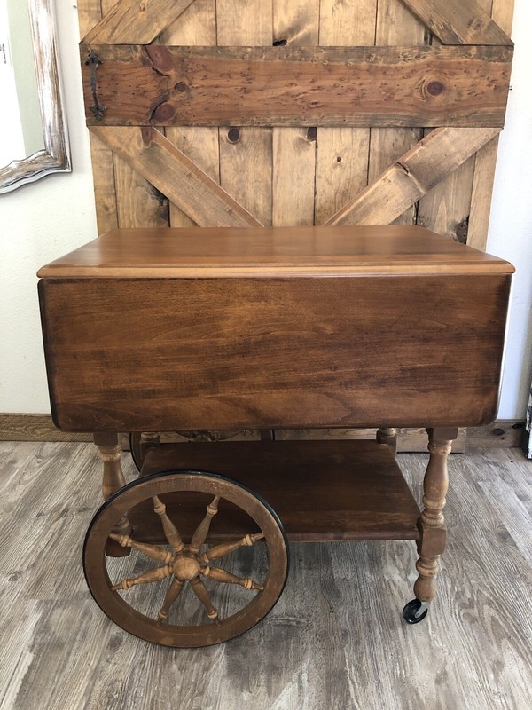 Ethan Allen Maple Tea Bar Cart Kitchen Drop Leaf Side Table with wheels & Handle gallery
