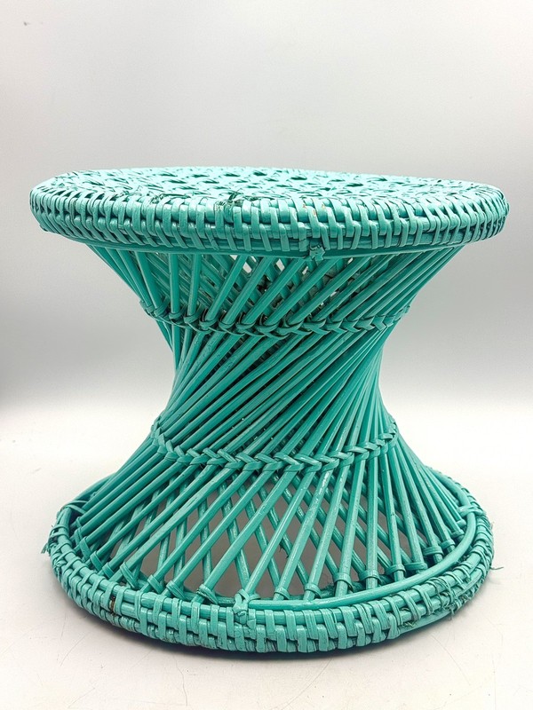 Vtg Turquoise Table Plant Stand Ottoman Stool Cane Rattan Wicker Woven Boho gallery
